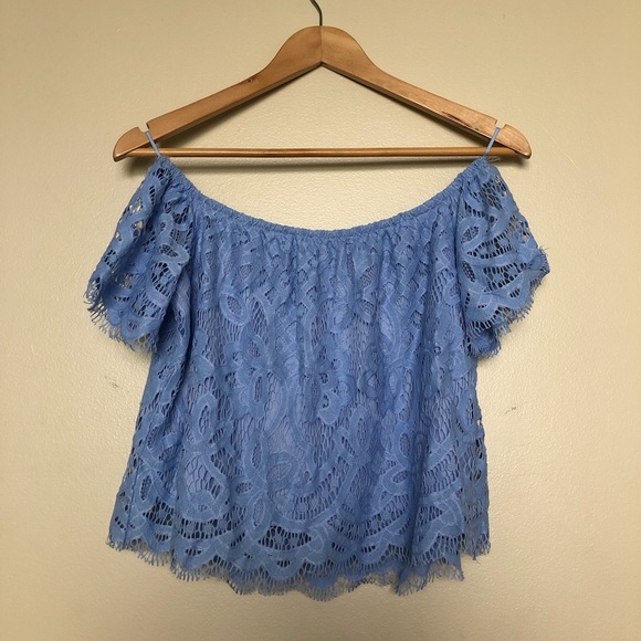 Light Blue Lace Off the Shoulder Top, S || Express - Picture 4 of 6